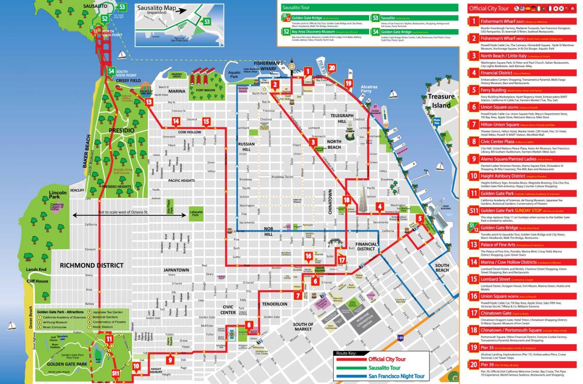Mapa de San Francisco Hop On Hop Off Bus tours