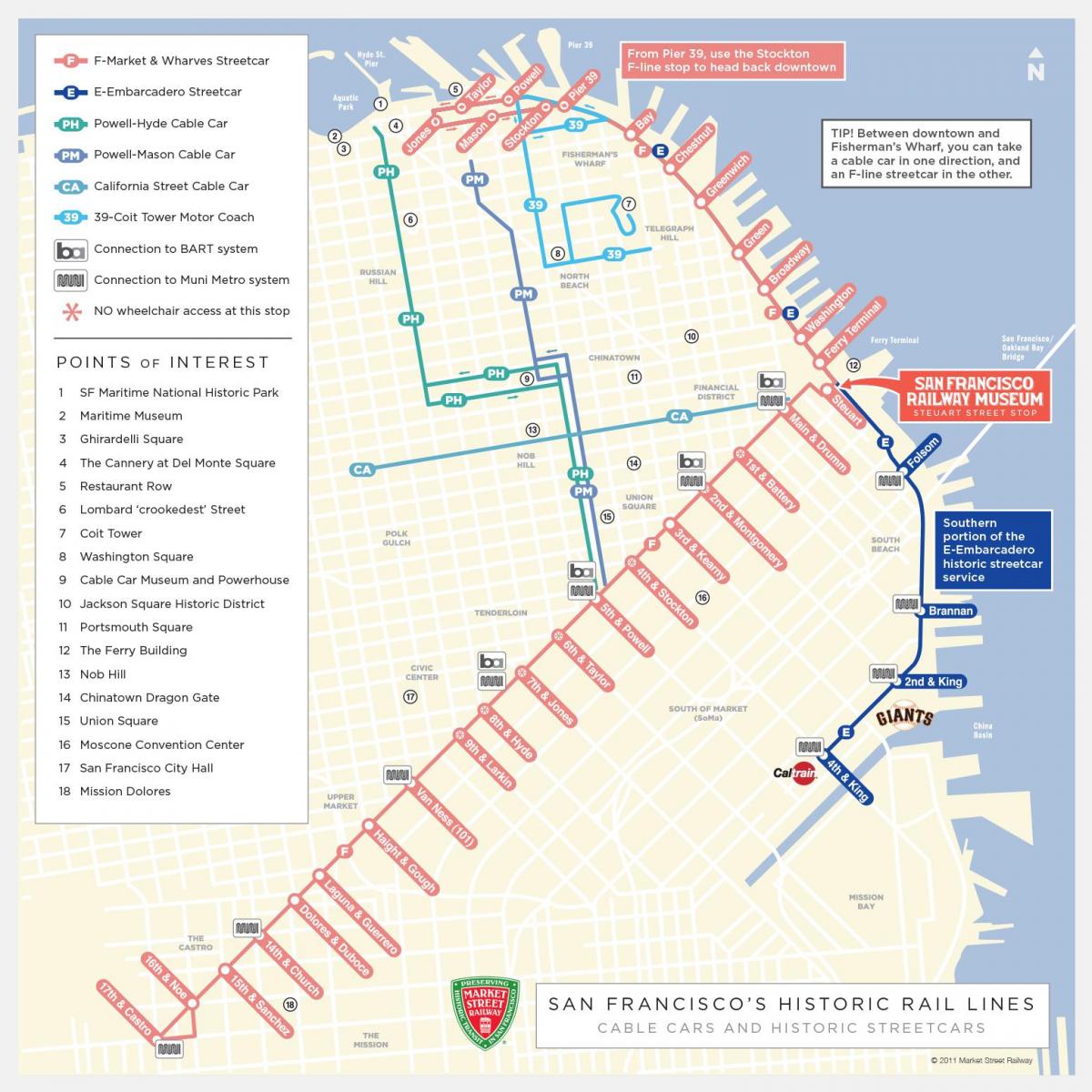 Mapa das estações de eléctrico de São Francisco